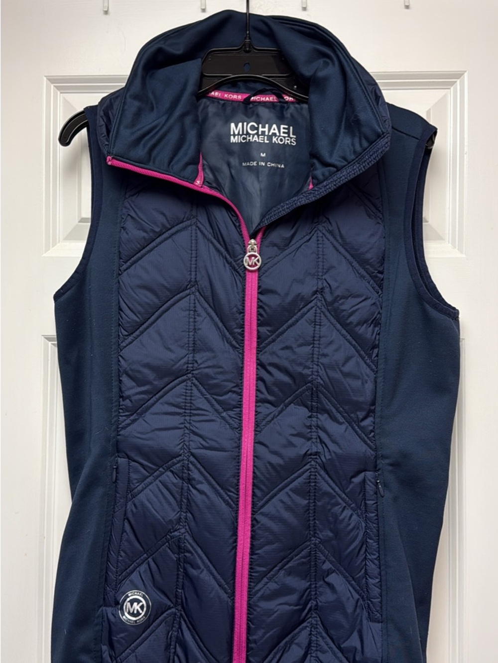 Michael Kors Navy Quilted Vest with Pink Zip Trim